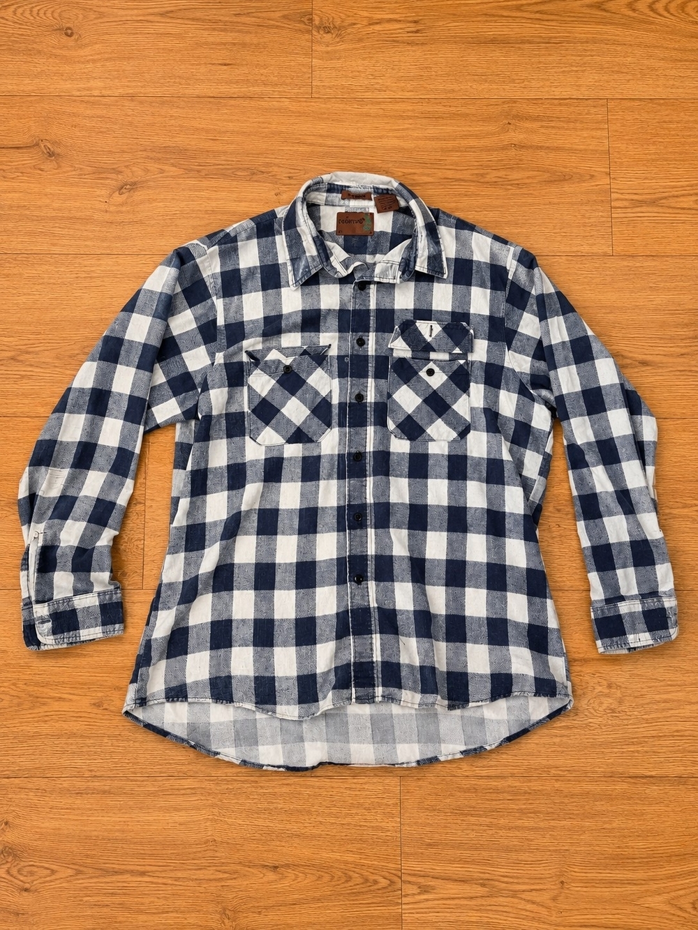 Vintage Fieldmaster Men's XL Plaid Flannel Shirt Blue White Button Up Cotton